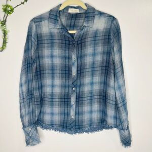 Bella Dahl Blue Plaid Raw Hem Button Up Shirt Sz Small